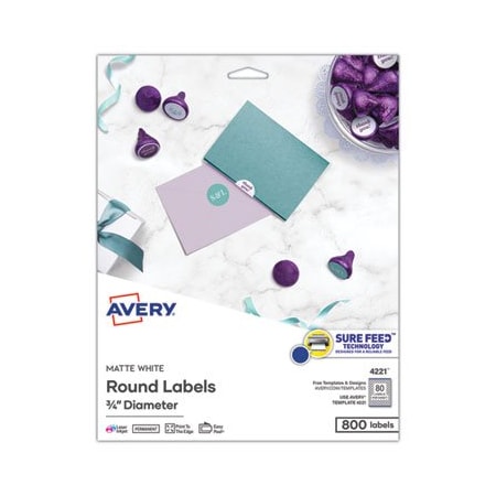 Avery Dennison Avery, PRINTABLE SELF-ADHESIVE PERMANENT ID LABELS W/ SURE FEED, 3/4in DIA, WHITE, 800PK 4221